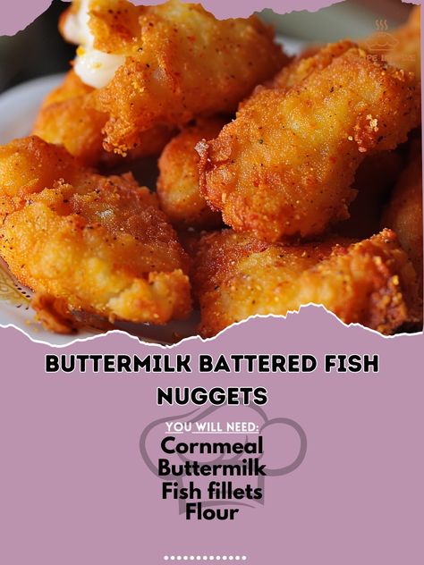 🐟 Crispy and delicious Buttermilk Battered Fish Nuggets! #FishNuggets #CrispyGoodness Buttermilk Battered Fish Nuggets Ingredients: Fish fillets, cut into nuggets (1 lb) Buttermilk (1 cup) Flour (1 cup) Cornmeal (1/2 cup) Paprika (1 tsp) Salt (1 tsp) Pepper (1/2 tsp) Instructions: Soak fish nuggets in buttermilk for 30 minutes. Mix flour, cornmeal, paprika, salt, and pepper. Dredge fish in flour mixture and fry in hot oil until golden brown. Enjoy these crispy, tasty fish nuggets with you... Fish Nuggets, Fish Fillets, Battered Fish, Fish Fillet, Hot Oil, Fried Fish, Snack Time, Real Food, Dipping Sauce