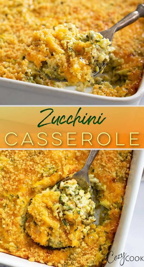 This easy Zucchini Casserole has the BEST flavor! It's cheesy and perfectly seasoned with a crunchy panko breadcrumb topping. It's the best side dish recipe that can be easily transformed into a main course. Casserole Recipes Zucchini, Shredded Zucchini Casserole Recipes, Zucchini Dishes Recipes, Zucchini Recipes Savory, Vegetable Side Dish Casseroles, Healthy Picnic Side Dishes, Gf Zucchini Recipes, Thanksgiving Zucchini Recipes, Zucchini Casserole Recipe