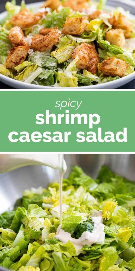 Shrimp Caesar Salad with Spicy Croutons – a creamy Caesar salad is served with Cajun spiced shrimp and croutons. #recipe #salad #caesarsalad #shrimp Shrimp Ceasar Salad, Creamy Caesar Salad, Shrimp Caesar Salad, Spiced Shrimp, Croutons Recipe, Homemade Cajun Seasoning, Shrimp Salad Recipes, Recipe Salad, Sauce Hollandaise