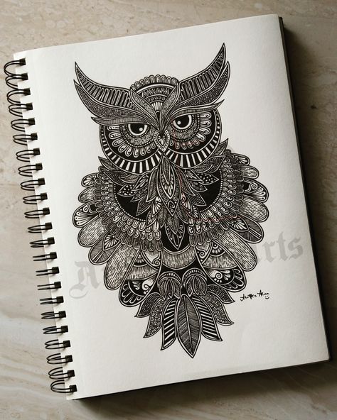 Owl mandala Owl Drawing Mandala, Owl Mandala Drawing, Owl Mandala Art, Owl Zentangle, Zentangle Animals Art, Drawing Therapy, Mandala Owl, Owl Doodle, Colour Mandala