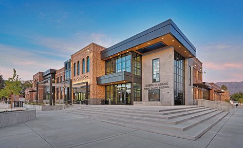 With a prominent location on Main Street in Lehi, this new public safety and police station was designed to reflect various architectural styles and periods. Police Station Design, Concrete Masonry Unit, Retractable Shade, Reclaimed Brick, Brick Masonry, Outdoor Patio Space, Clerestory Windows, Precast Concrete, Architectural Styles