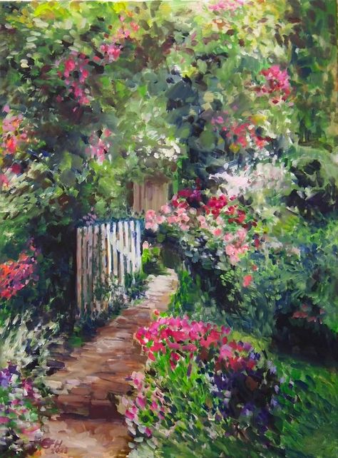 Welcome Painting by Ellen Fasthuber-Huemer | Saatchi Art English Garden Painting, Whimsical Garden Painting, Paintings Of Gardens, Painting Ideas Garden, Welcome Painting, Secret Garden Painting, Flower Garden Painting, Original Flowers, Canvas Art Painting Acrylic