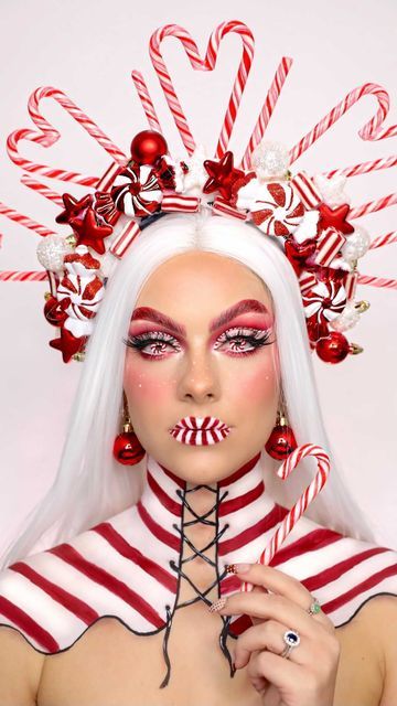 Sophie Hannah on Instagram: "How I made my candy cane headpiece for my Candy Cane Queen look 🎄 I took the @the_wigs_and_makeup_manager headpiece masterclass in lockdown & learnt all her tips and tricks ❤️ What do you all think? I purchased everything from Amazon to create this, don't forget I have my Amazon shop linked in my bio in case you want to recreate 👑 #sophiehannah #diyproject #headpiece #christmasmakeup #candycane" Christmas Parade Makeup, Christmas Fantasy Makeup, Xmas Makeup Ideas, Christmas Make Up Idea, Creative Christmas Makeup Looks, Cane Outfit, Candy Cane Makeup, Candy Cane Costume, Christmas Party Makeup