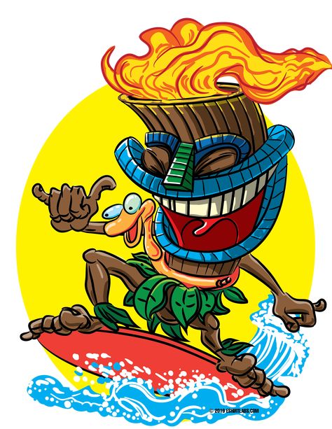 Tiki Time Surfer. A happy tiki god with a huge grin. He is having an great time surfing those Hawaiian waves. He has a pool toy around his waist. Always surf safely. Tiki God is throwing up the "hang loose" gesture. Tiki Tattoo, Tiki Man, Big Kahuna, Tiki Art, Tiki Mask, Hang 10, Hawaiian Art, Surfboard Art, Fall Coloring Pages