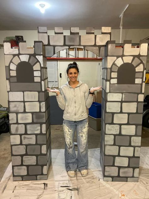 Kingdom Vbs Crafts, Kingdom Vbs, Hear Ye Hear Ye, Castle Party, Kids Castle, Castle Backdrop, Cardboard Castle, Knight Party, Medieval Decor