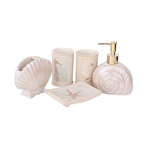 5PC Bathroom Accessories Set Soap Dispenser/Toothbrush Holder/Tumbler/Soap Dish (Shell) Resin Bathroom, Toilet Paper Stand, Mermaid Bathroom, Coastal Room, Bathroom Accessories Set, Glass Shower Enclosures, Digital Showers, Beach Room, Coastal Bathrooms