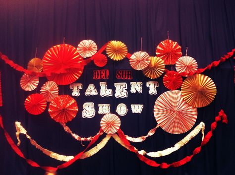 school talent show decorating ideas | used a couple red sheets i bought on sale at ikea for like 4$ and ... School Talent Show, College Event, Decor Backdrop, Red Sheets, Shower Pics, Valentines Decor, Stage Backdrop, School Event, Backdrop Design