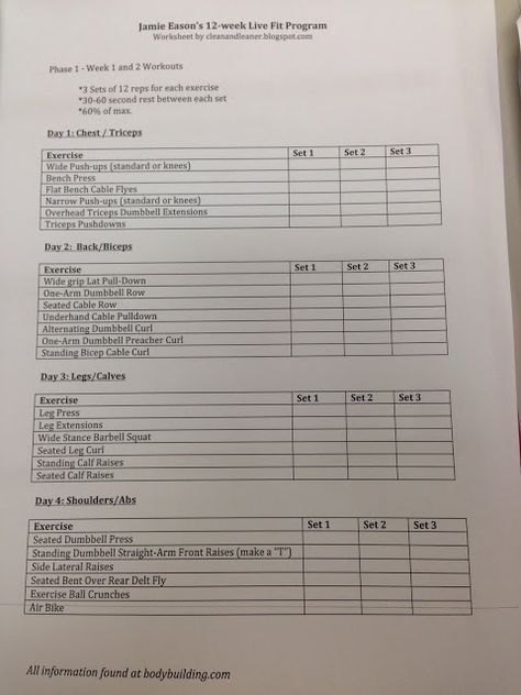 Jamie Eason's 12 Week Live Fit Trainer - Phase 1 and 2 Workout Worksheets on cleanandleaner.blogspot.com Jamie Eason 12 Week, Jamie Eason Workout, Jamie Eason Live Fit, 12 Week Workout, Weight Workouts, Jamie Eason, Weight Training Programs, Weight Management Programs, Fit Girl Motivation