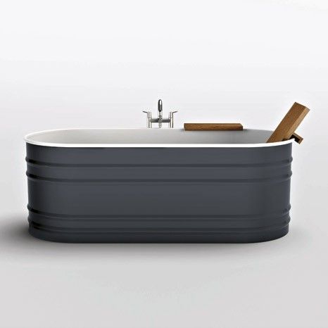 Steel tub from Agape Vieques in grey - alternative to having a built-in marble enclosed tub. Have a free standing charcoal tub, surrounded by white in shower area. we could bring in dark floors in front of sink with a dark accent wall behind mirrors - would be very striking! Old Fashioned Bathtub, Dog Bath Tub, Dark Accent Walls, Steel Tub, Kids Rooms Diy, Stock Tank, Standing Bath, Dog Wash, Dog Bath