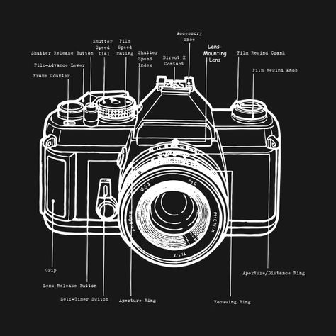 Modern Photo Camera Diagram - Photography - T-Shirt | TeePublic Photography Merchandise Ideas, Camera Illustration Design, Camera Graphic Design, Camera Diagram, Photography Art Book, Process Book, Camera Illustration, Photography Posters, Photography Shirts