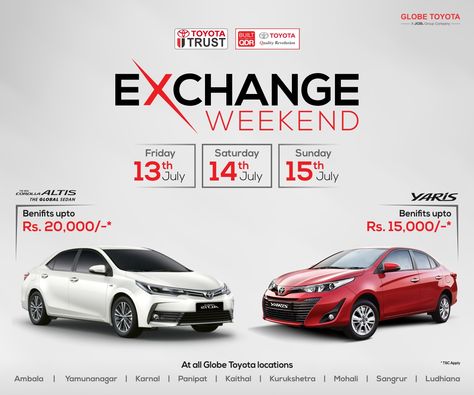 Exchange your existing Toyota car (any model) with new Toyota. Available at all Globe Toyota locations. Visit Now! For more details call us on 1800 200 3150. #Toyota #Offer #ExchangeOffer Toyota Advertising Design, Car Exchange Creative Ads, Exchange Offer Creative Ads, Car Promotion Ads, Car Offer Ads, Toyota Advertising, Folder Graphic Design, Typographic Layout, Facebook Ads Design