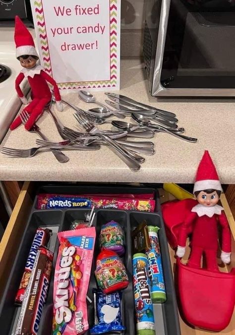 Elf On The Shelf Ideas For Two Kids, Elf On A Shelf With Barbie, Treats From Elf On The Shelf, Elf Treats For Kids, Elf Brings Gifts, Elf On Shelf Older Kids, Elf On The Shelf School Bus Ideas, Elf On The Shelf Treats, Elf On The Shelf Gummy Bears