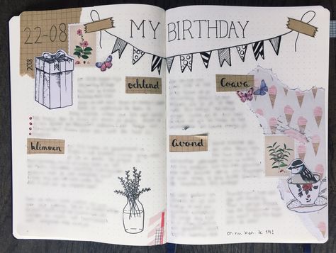 Birthday Journal Page Ideas, Happy Birthday Journal Aesthetic, Journal Theme Ideas Aesthetic, September Scrapbook Ideas, Birthday Month Journal Ideas, Birthday Page Bullet Journal, Bujo Birthday Spread, Birthday Journal Page, Birthday Journal Ideas