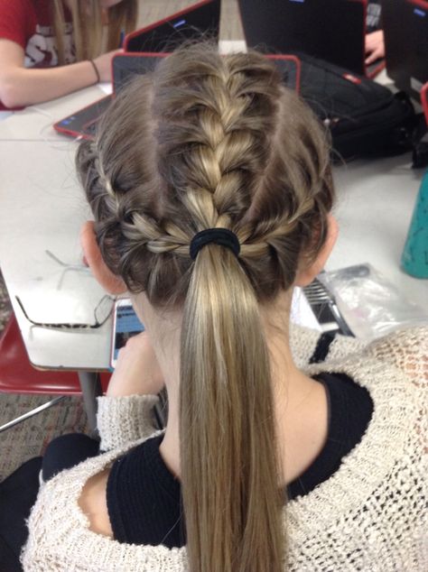 Three French braids into a pony tail. Great hairstyle for sports! Three French Braids, Three Braids Into Ponytail, Braided Hairstyles For Sports Basketball High Ponytails, Braids Into Ponytail Sports, French Braid Hairstyles Athletic, French Braid Softball Hair, Fast Braids, French Braid Gymnastics Hair, Hair Line Up