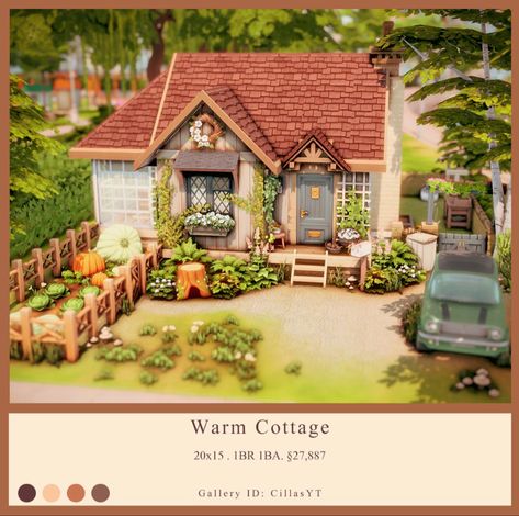 Cottage House Plans Sims 4, Sims 4 Houses Starter Home, Small Cottage House Sims 4, Caryn And Connie Sims 4, Sims 4 Small Cottage Floor Plan, Sims Cozy House, Sims 4 Landscape Ideas, Sims 4 Hobbit House, Sims 4 Cottage House Download