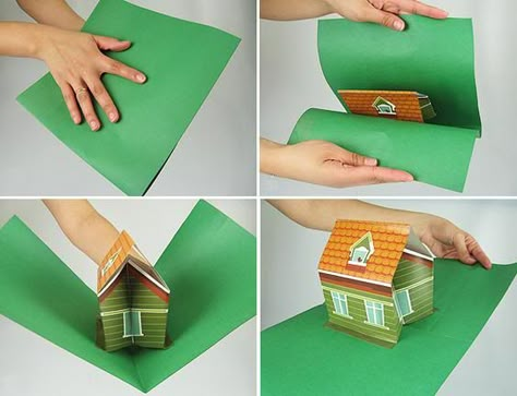 Pop up house card - I like the green card. Up House Template, Pop Up House, Popup House, Diy Pop Up Book, Arte Pop Up, House Template, Pop Up Art, Paper Pop, Paper Wall Hanging