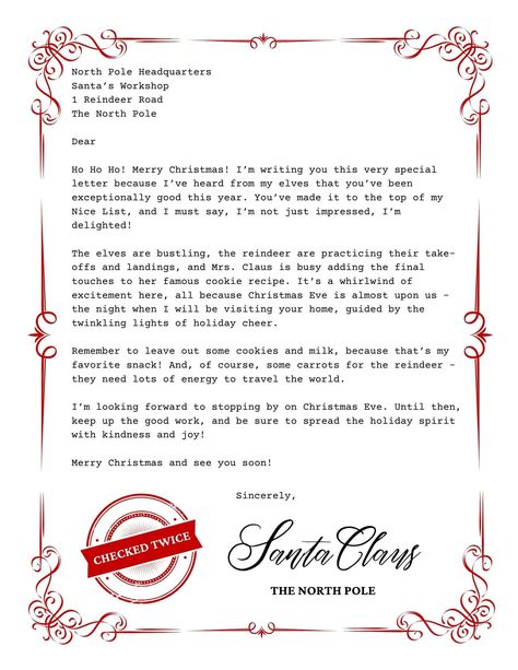 From Santa Letter Printable, Christmas Santa Letter, Santa Letter Ideas, From Santa Letter, Free Letter From Santa Printable, Free Santa Letter Printable, Dear Santa Letter Printable Free, Santa Letters To Kids, New Year Letter