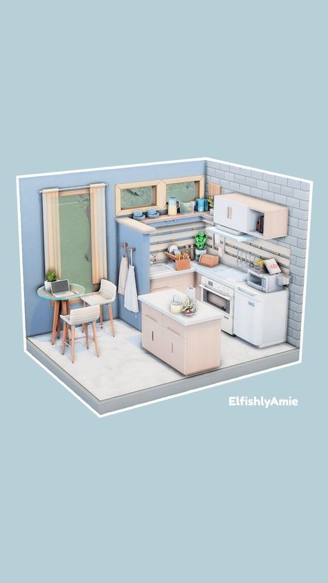 Tiny Kitchen Sims 4, Bloxburg Tiny Kitchen, Sims 4 Kitchens, Sims Kitchen Ideas, Wood Colour Palette, Sims 4 Kitchen Ideas, Sims Kitchen, Sims Room, Sims 4 Loft