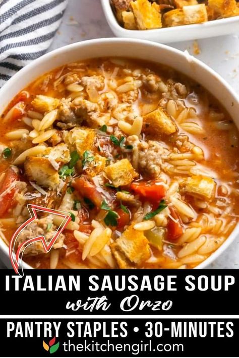 Italian Sausage Soup is a 30-minute soup recipe with Italian sausage and pantry staples. Made for Instant Pot or stove, sausage soup is a breeze for beginners and satisfies the whole family! Serve it with French bread and they'll go wild! Italian sausage soup is the ultimate comfort food! Broth-based, one-pot, savory soup that requires a few basic cooking steps go from "What's for dinner?" to "Omg that was crazy delicious!" | The Kitchen Girl @thekitchengirl #italiansausagesoup #thekitchengirl Minestrone Soup Recipe Italian Sausage, Sausage Rice Soup Recipes, Crock Pot Italian Sausage Soup, Fall Crock Pot Soup Recipes, Recipes With Hot Italian Sausage, Minestrone Soup Recipe With Sausage, Fall Soups And Stews Crock Pot, Italian Sausage Recipes Crockpot, Soup With Tomato Sauce