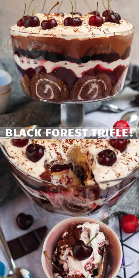 Black Forest Trifle! - Jane's Patisserie Black Forest Trifle, Trifle Bowl Recipes, Trifle Dessert Recipes, Christmas Trifle, Janes Patisserie, Chocolate Trifle, Chocolate Custard, Trifle Desserts, Festive Desserts