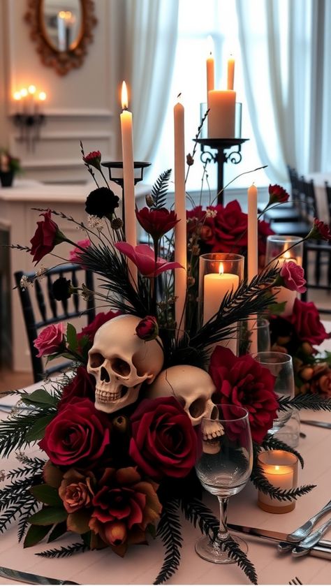 Elegant table centerpiece with skulls, red roses, and tall candles, creating a gothic and romantic atmosphere. Goth Wedding Centerpieces Diy, Black And Red Wedding Centerpieces, Wedding Themes Dark, Deep Red And Black Wedding, Burgundy And Black Wedding Decorations, Dark Romantic Wedding Invitations, Dark Romance Wedding Theme, Corpse Bride Wedding Theme, Black Burgundy And Gold Wedding