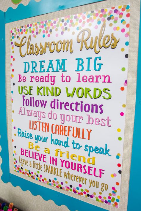 Classroom Rules Chart, Confetti Classroom, Classroom Rules Poster, Classroom Charts, Diy Classroom Decorations, Teacher Classroom Decorations, Classroom Birthday, Classroom Quotes, Elementary Classroom Decor