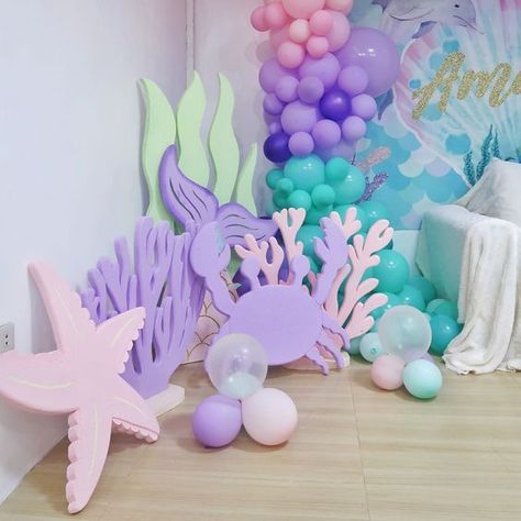 1st Birthday Party Ideas Under The Sea, Mermaid Birthday Treat Table, Mermaid Theme Balloons, Mermaid 3rd Birthday Party Decorations, One See The Sea, Under The Sea Theme Birthday Party, Under The Sea Party Backdrop, Pink Under The Sea Party, Iridescent Mermaid Party