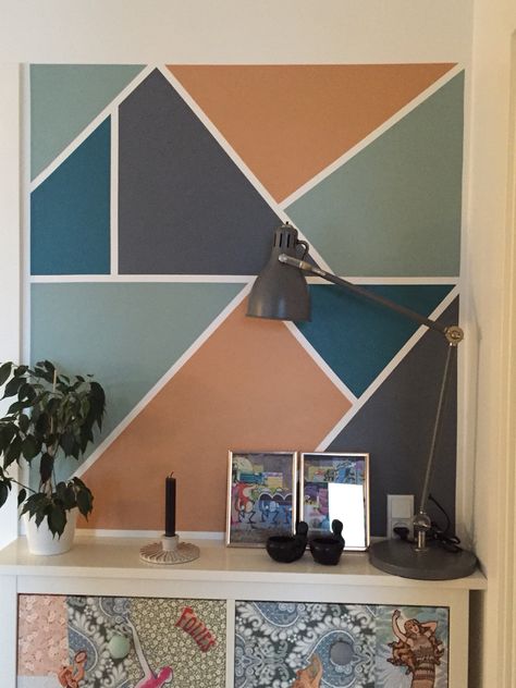 Wall painted in different colours. Masking tape used to devide the colours Masking Tape Painting Walls, Painting Walls Ideas, Masking Tape Wall, Tape Wall Art, Wall Paint Patterns, Walls Ideas, Three Color Combinations, Tape Wall, Painting Walls