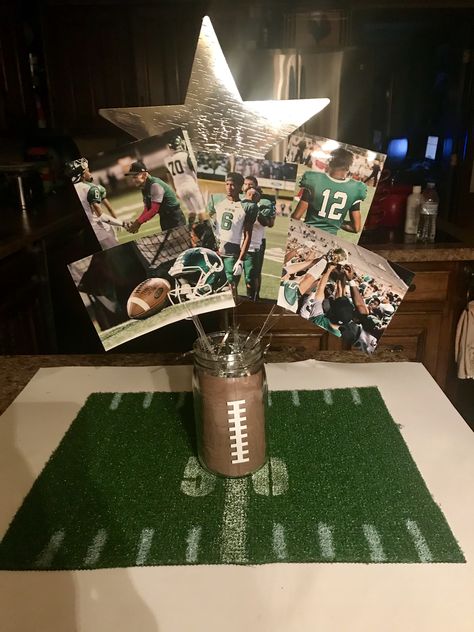 Football Banquet Centerpieces College Sports Banquet, High School Football Banquet Ideas Centerpieces, Varsity Football Banquet, Football Senior Banquet Ideas, Sports Centerpieces Diy, Senior Football Banquet Table Ideas, Football Banquet Table Decorations, Football Banquet Centerpieces Table Decorations, Sports Banquet Centerpieces Diy