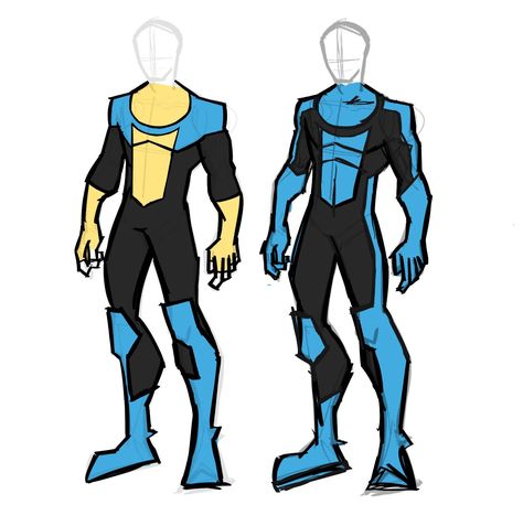 Invincible Redesign, Super Hero Poses Reference Drawings, Superhero Suit Ideas, Invincible Art, Blue Superhero, Suit Drawing, Invincible Comic, Superhero Stories, Life Drawing Reference