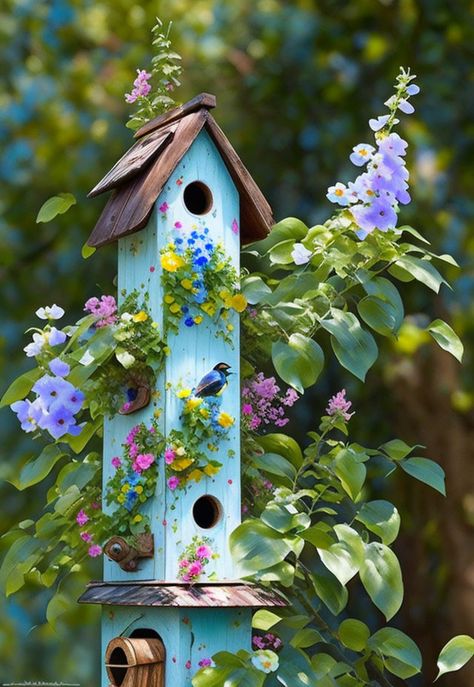 Birdhouse with flowers and blue sky in watercolor wet in wet Urban Balcony, Container Crafts, Diy Birdhouse, Birdhouse Ideas, Bird House Feeder, Bird House Plans, Bird Cage Decor, Decorative Bird Houses, Birdhouse Designs