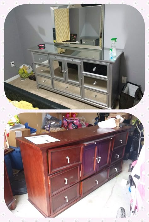 Tv Stand Shabby Chic, Dresser Repurpose, Diy Mirror Dresser, Plastic Drawer Makeover, Vanity Makeup Storage, Diy Mirrored Furniture, Glam Dresser, Drawer Makeover, Repaint Furniture