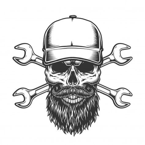 Vintage bearded and mustached trucker sk... | Free Vector #Freepik #freevector #vintage #skull #truck #black Bearded Skull Tattoo, Mechanic Logo Design, Vintage Beard, Mechanics Logo, Skull Beard, Mechanic Tattoo, Muster Tattoos, Image Svg, Skull Logo