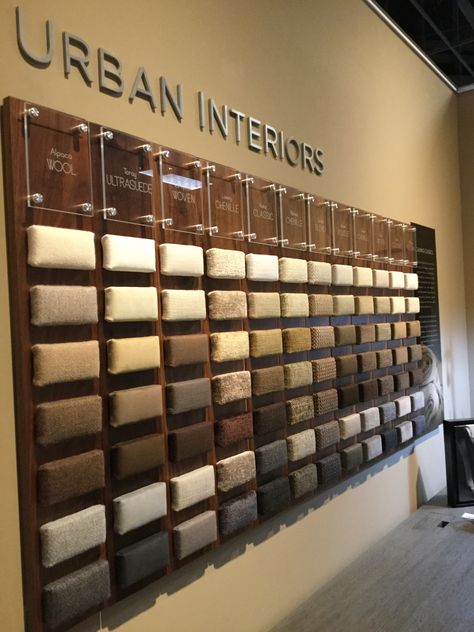 Fabric choices for American Leather Sofa Showroom Display, Leather Showroom Display, Fabric Showroom Interior Design, Furnishing Showroom Display, Fabric Display Ideas Showroom, Fabric Sample Display, Fabric Swatch Display, Luxury Furniture Showroom, Fabric Showroom