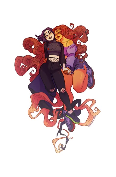 Starfire X Raven Ship, Raven Fanart, Starfire And Raven, Titans Fanart, Nightwing And Starfire, Original Teen Titans, Teen Titans Fanart, Raven Teen Titans, Dc Comics Artwork