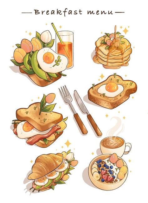 Themed Breakfast, Recipe Drawing, Food Doodles, 귀여운 음식 그림, Foodie Art, Food Sketch, Food Artwork, Food Illustration Art, Watercolor Food