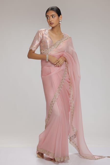 Buy Pink Saree Organza Embellished Rhinestone V Neck With Blouse For Women by Chhaya Mehrotra Online at Aza Fashions. Organza Saree Blouse Designs Latest, Organza Blouse Designs, Organza Saree Blouse Designs, Baby Pink Saree, Pink Saree Blouse, Pink Blouse Designs, Embellished Saree, Saree Organza, Unique Bridesmaid Dresses