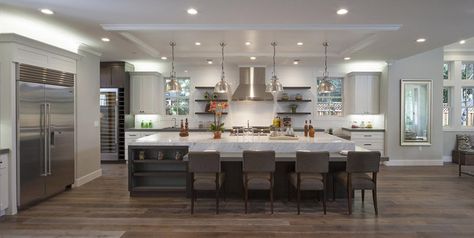 Extra large kitchen island with seating for dining Kitchen Island With Seating For 4, Large Kitchen Ideas, Huge Kitchen Island, Kitchen With Big Island, Huge Kitchen, Beautiful Kitchen Designs, Large Kitchen Island, Flat Panel Cabinets, Ceiling Design Modern