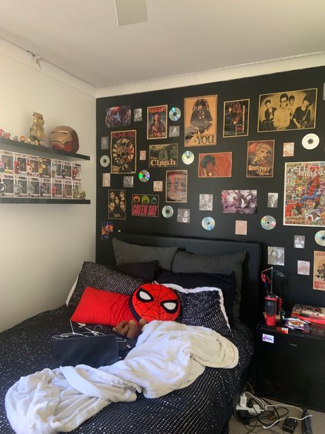 marvel bedroom. teen bedroom. teen girl marvel room #bedroom #marvelaesthetic #spidermanroom #marvelbedroom #teenbedroomideas #girlbedroomideas #blackwall red room. black and red bedroom. ironman. spiderman . pop figures. mini fridge. poster wall #posters #musicbedroom Diy Bedsheet, Bedsheets Designs, Bedsheet Design, Marvel Bedroom, Bedroom Makeover Diy, Glamorous Home, Spiderman Room, Marvel Room, Dorm Room Ideas