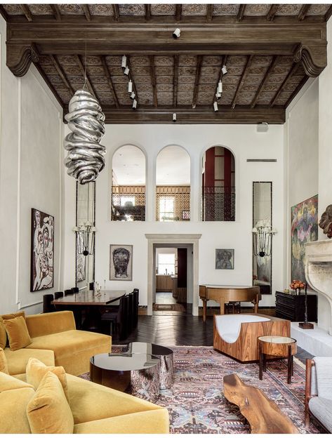 Ashe Leandro, French Limestone Fireplace, Masc Style, Rashid Johnson, Kelly Behun, New York Townhouse, Golden Field, Custom Dresser, Paneled Library