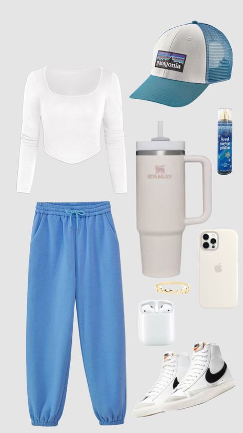 BLUE!!!! #blue#outfitinspo #beauty #wallpaper #jocelyn How To Style Light Blue Sweatpants, What To Wear With Blue Sweatpants, Blue Sweat Pants Outfits, How To Style Blue Sweatpants, Outfits With Blue Sweatpants, Light Blue Sweatpants Outfit, Blue Sweatpants Outfit, Sweatpants Outfit Women, Light Blue Sweatpants