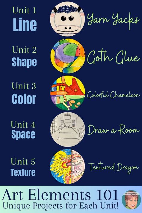 Art belongs in all classrooms! When you use it as a tool for art integration, you will not only have your students’ attention, but you will also be supporting them developmentally and creatively. My Art Elements 101 Course makes infusing art into ANY classroom easy for teachers and fun for kids! You will find that this unit is divided into six sections; Objective, learn, and look are designed to help introduce and teach the art element. Practice, apply, and complete are designed for students. Line Art Projects, Art With Jenny K, Classroom At Home, Art Classes For Kids, Art Unit, Color Unit, Chameleon Color, Teaching Videos, Art Elements