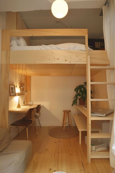 50  Clever Student Dorm Designs: Japandi-Inspired Spaces - TastyInteriors Bedroom Mezzanine Ideas, Bedroom Mezzanine, Small Kids Bedroom, Mezzanine Bedroom, Loft Style Bedroom, Student Dorm, Dorm Design, Minimalist Bed, Deco Bedroom