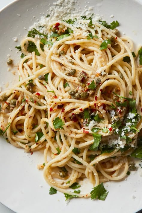 Midnight Pasta With Garlic, Anchovy, Capers and Red Pepper Recipe - NYT Cooking Midnight Pasta, Anchovy Pasta, Pasta With Garlic, Red Pepper Recipes, Pepper Recipe, Best Spaghetti, Tuna Pasta, Garlic Pasta, Nyt Cooking