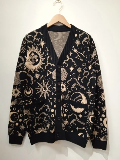 The Celestial Cardigan – Sleepy Peach Celestial Fashion Men, Celestial Core Outfits, Astral Clothes, Celestial Outfit Male, Lunar Outfits, Celestial Outfit Aesthetic, Celestial Cardigan, Astrology Outfits, Wizard Aesthetic Fashion