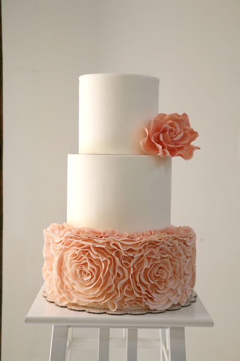 White and peach ruffle wedding cake by Alaa Abdullah on satinice.com! Peach Colored Wedding Cake, Wedding Cake Peach Color, Peach Wedding Cake, Peach Theme Cake, Pastel Wedding Cakes, Orange Wedding Cake, Wedding Cake Peach, Bible Cake, Fondant Cakes Birthday