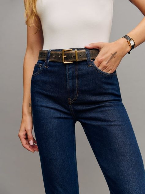 Denim time. Shop the Jax Stretch High Rise Straight Jeans from Reformation, a high-rise jean with a straight leg. High Rise Straight Jeans, Favorites List, Vintage Inspired Dresses, Inspired Dress, Outerwear Sweater, New Tops, High Rise Jeans, Skirt Pants, Straight Jeans