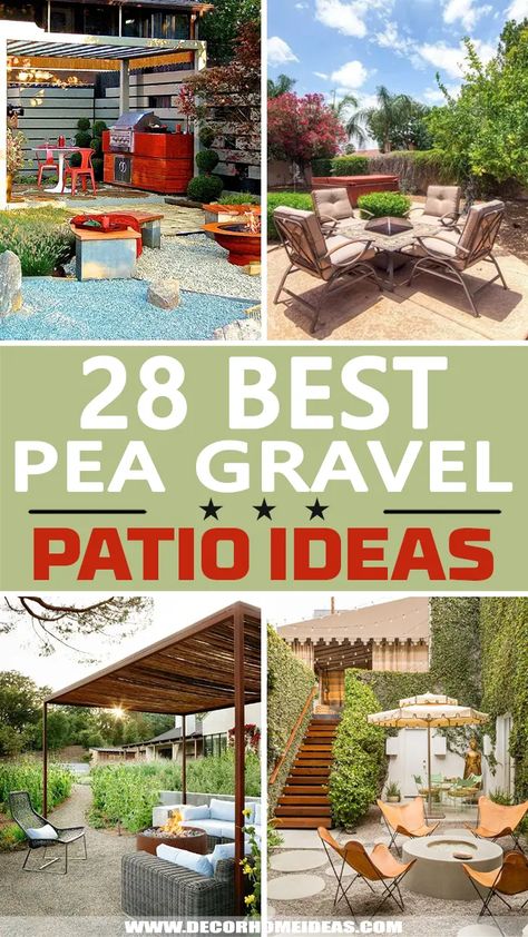 Fine Gravel Patio, Pea Gravel Over Concrete Patio, Gravel Patio With Pergola, Landscape With Gravel Backyard Ideas, Backyard Landscaping With Pea Gravel, Pea Gravel With Stepping Stones, Gravel Seating Area Patio Ideas, Outside Patios Covered, Gravel And Slate Patio