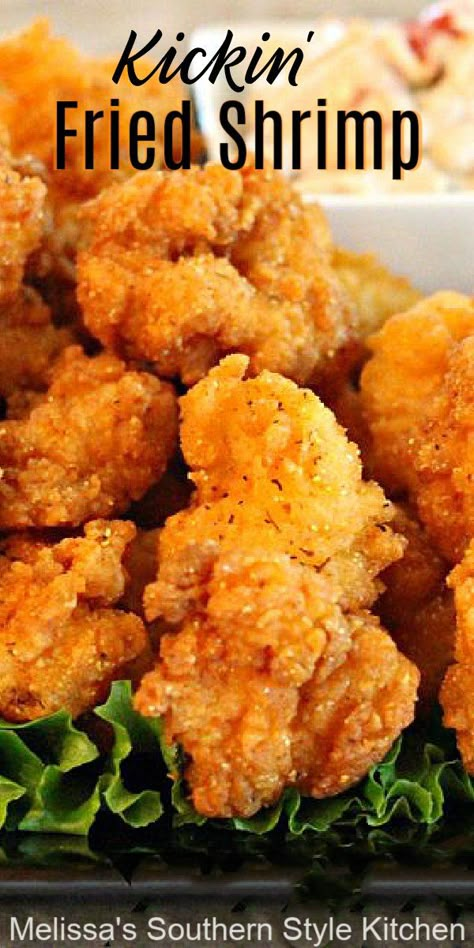 Make your own crispy and delicious Kickin' Fried Shrimp at home #friedshrimp #shrimp #breadedshrimp #seafoodrecipes #shrimprecipes #friedseafood #dinner #dinnerideas #southernfood #southernrecipes Fried Shrimp Recipes Easy, Fried Shrimp Recipe, Buffalo Shrimp Recipes, Fried Shrimp Recipes, Small Bites Appetizers, Lemon Shrimp, Breaded Shrimp, Seafood Chowder, Fried Fish Recipes