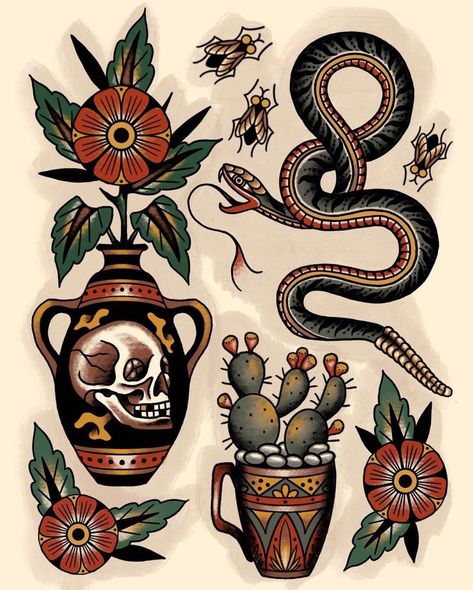 Traditional Tattoo Vase, Old School Style Tattoo, Traditional Tattoo Painting, Traditional Tattoo Prints, Traditional Snake Tattoo, Traditional Tattoo Drawings, Old School Tattoos, Americana Tattoo, Tattoo Style Art